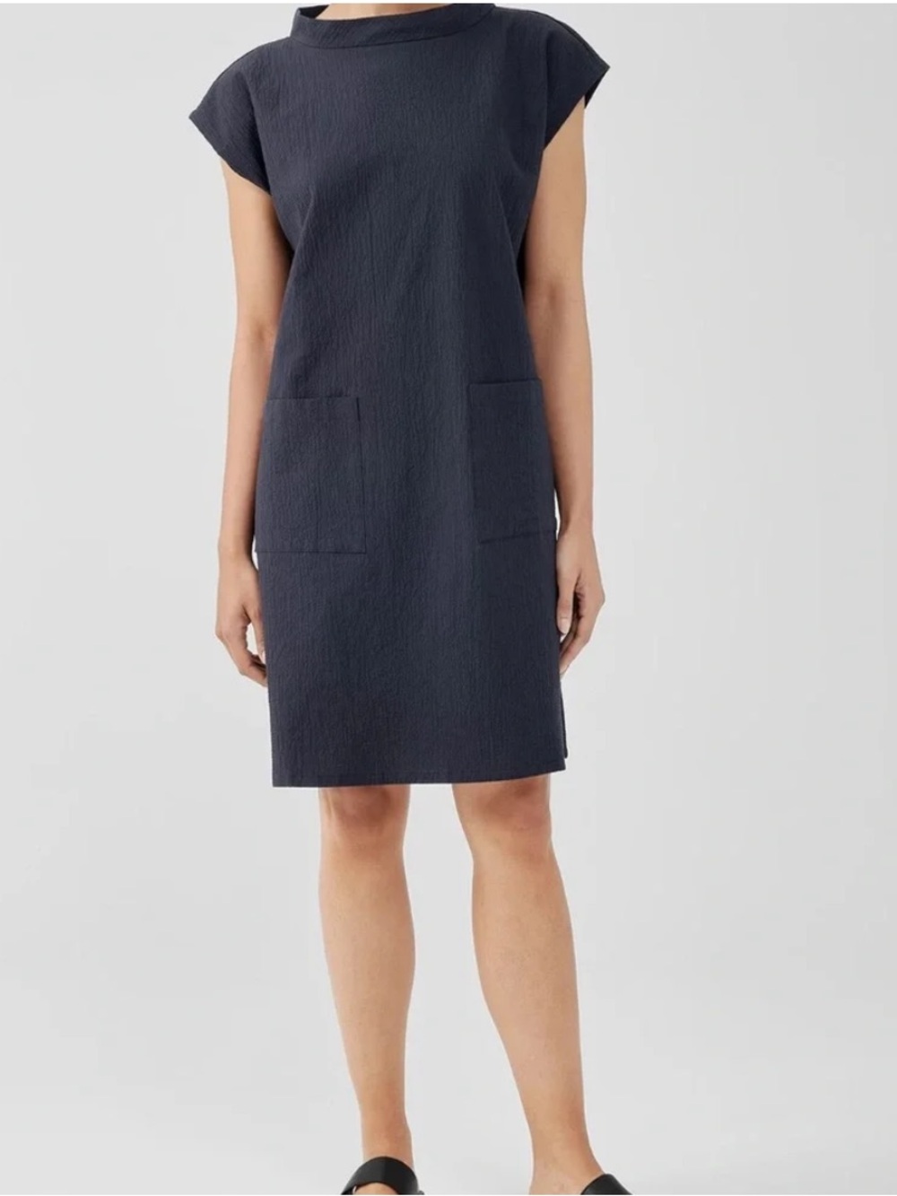 Eileen Fisher Organic Cotton Mock Neck Seersucker Cap Sleeve Black‎ Dress XS